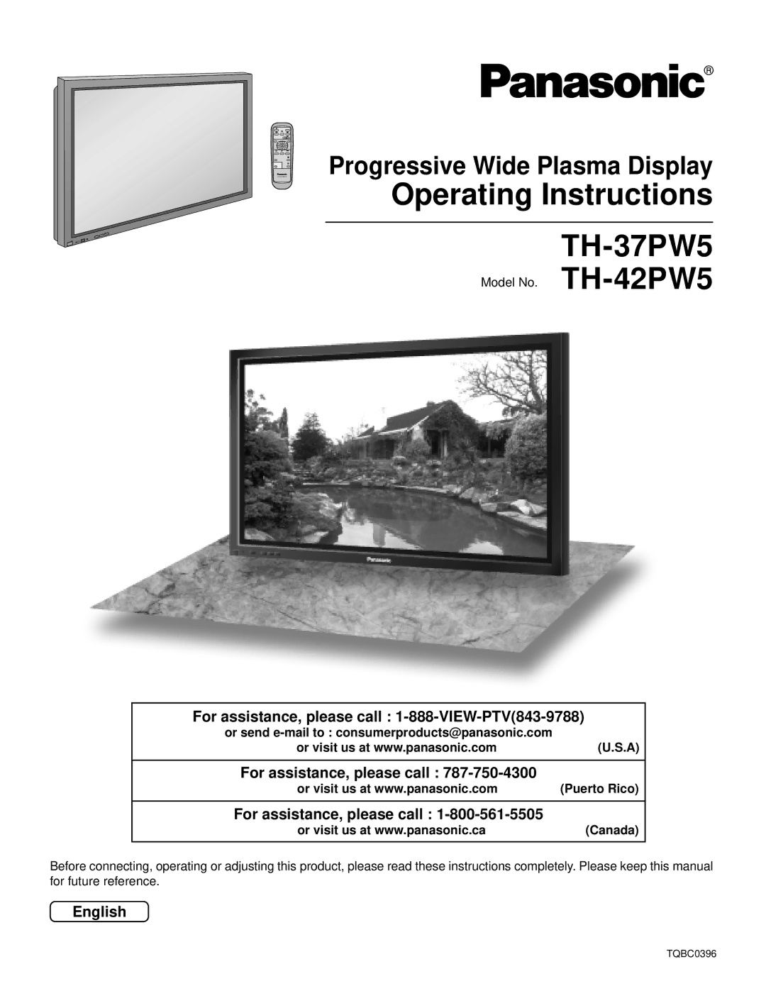 Panasonic TH-37PWD5UZ operating instructions Operating Instructions TH-37PW5, Progressive Wide Plasma Display, English 