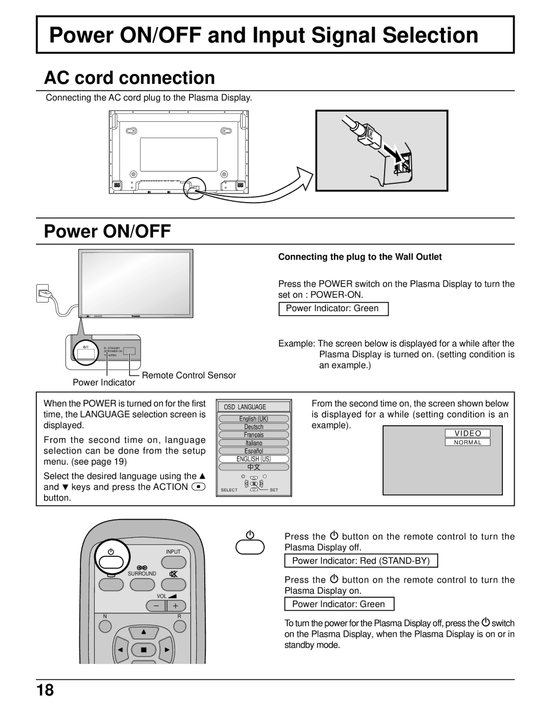 Panasonic TH-37PWD5UZ Power ON/OFF and Input Signal Selection, AC cord connection, Connecting the plug to the Wall Outlet 