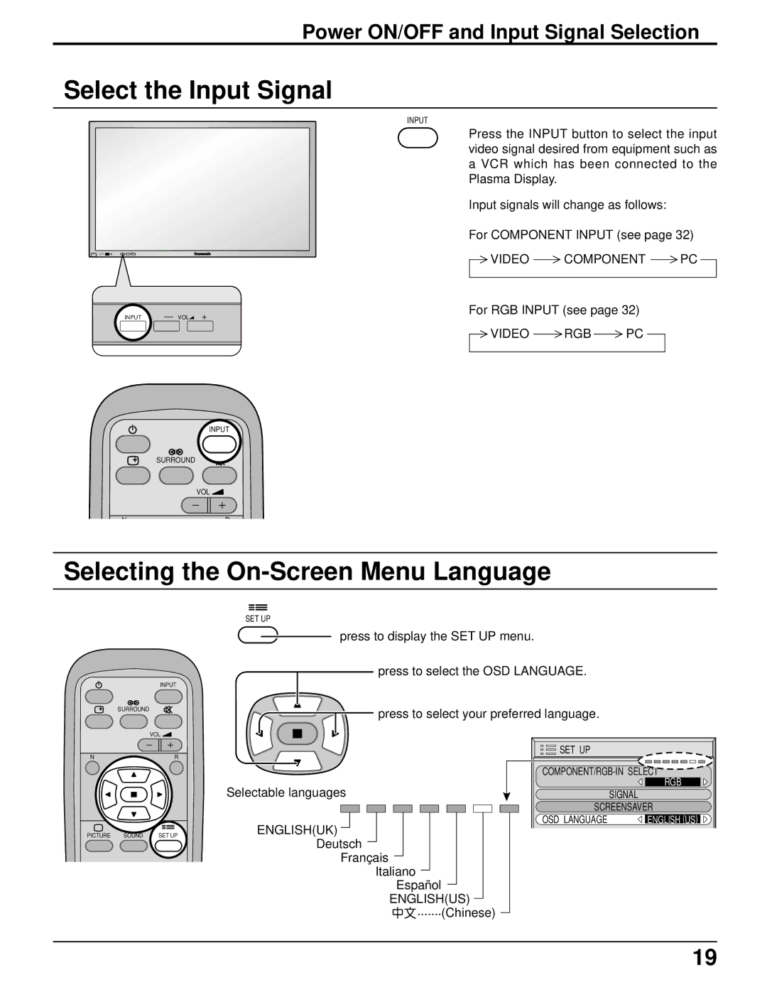 Panasonic TH-37PWD5UZ operating instructions Select the Input Signal, Selecting the On-Screen Menu Language 