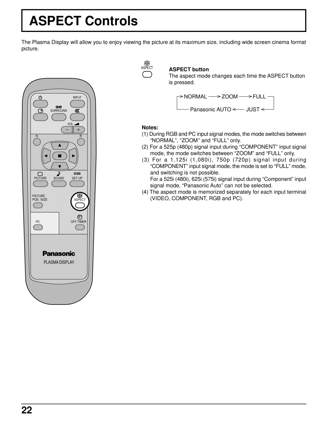 Panasonic TH-37PWD5UZ operating instructions Aspect Controls, Normal Zoom Full 