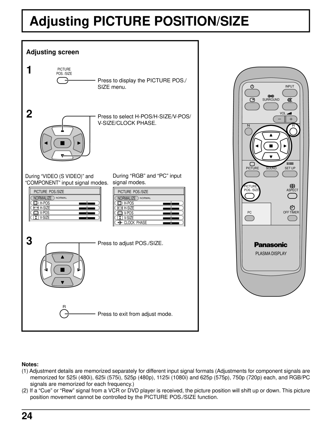 Panasonic TH-37PWD5UZ operating instructions Adjusting Picture POSITION/SIZE, Adjusting screen, SIZE/CLOCK Phase 