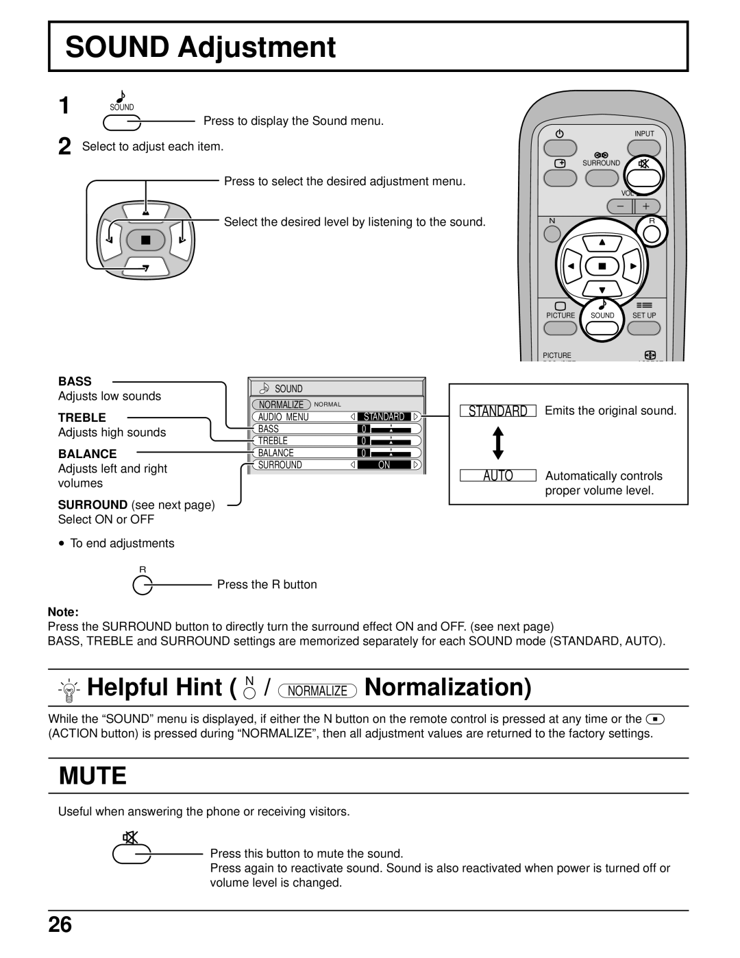 Panasonic TH-37PWD5UZ operating instructions Sound Adjustment, Bass, Treble, Balance 