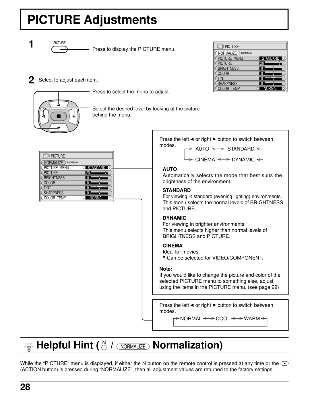 Panasonic TH-37PWD5UZ operating instructions Picture Adjustments, Standard, Dynamic, Cinema 