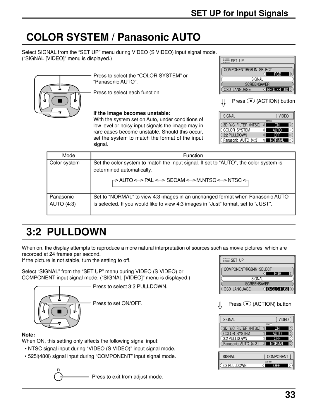 Panasonic TH-37PWD5UZ Color System / Panasonic Auto, SET UP for Input Signals, If the image becomes unstable 