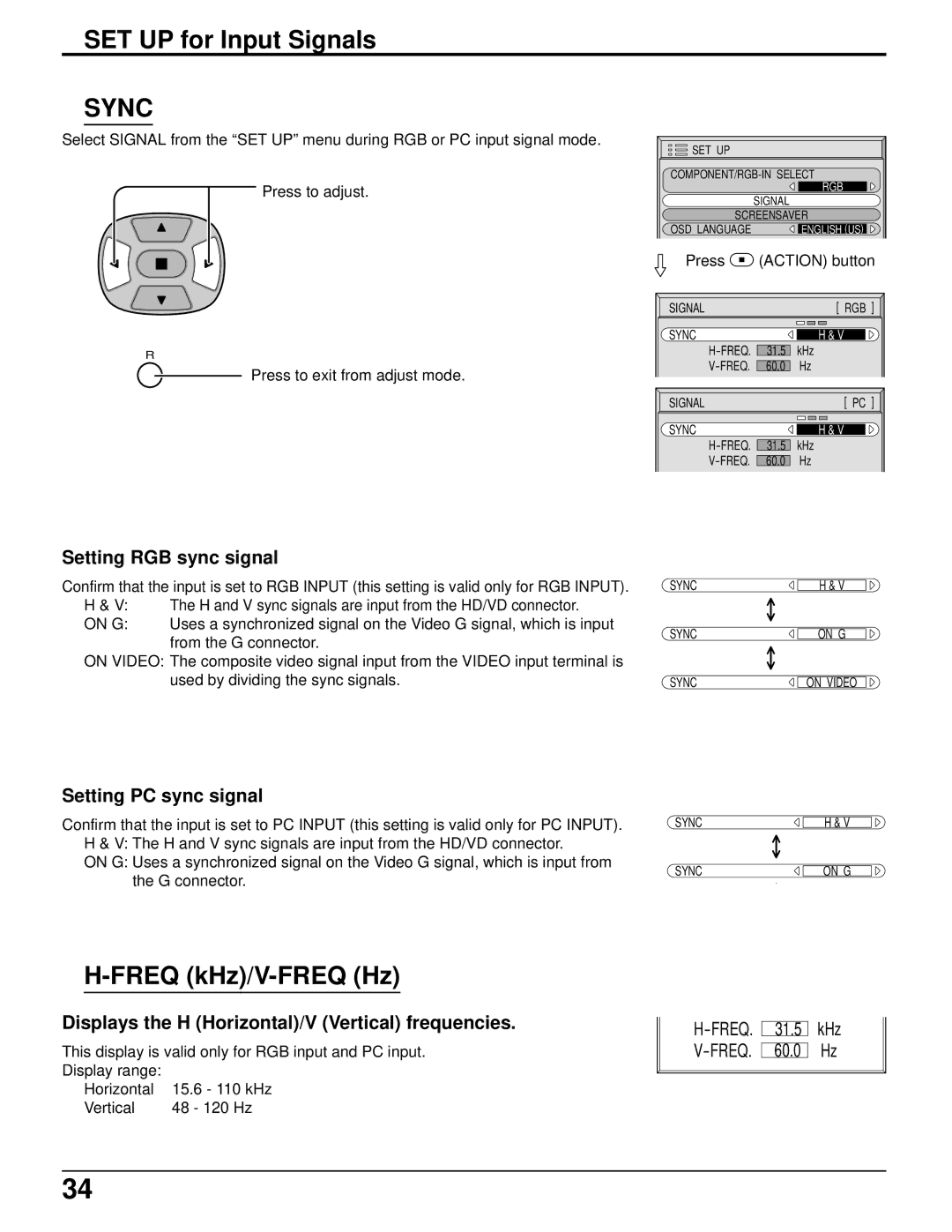 Panasonic TH-37PWD5UZ operating instructions Freq kHz/V-FREQ Hz, Setting RGB sync signal, Setting PC sync signal 