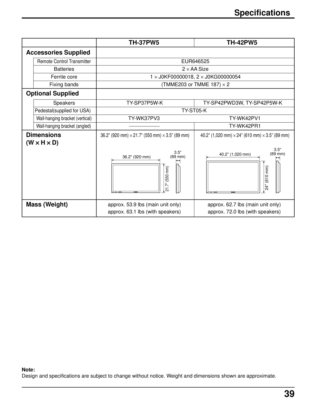 Panasonic TH-37PWD5UZ operating instructions Specifications 