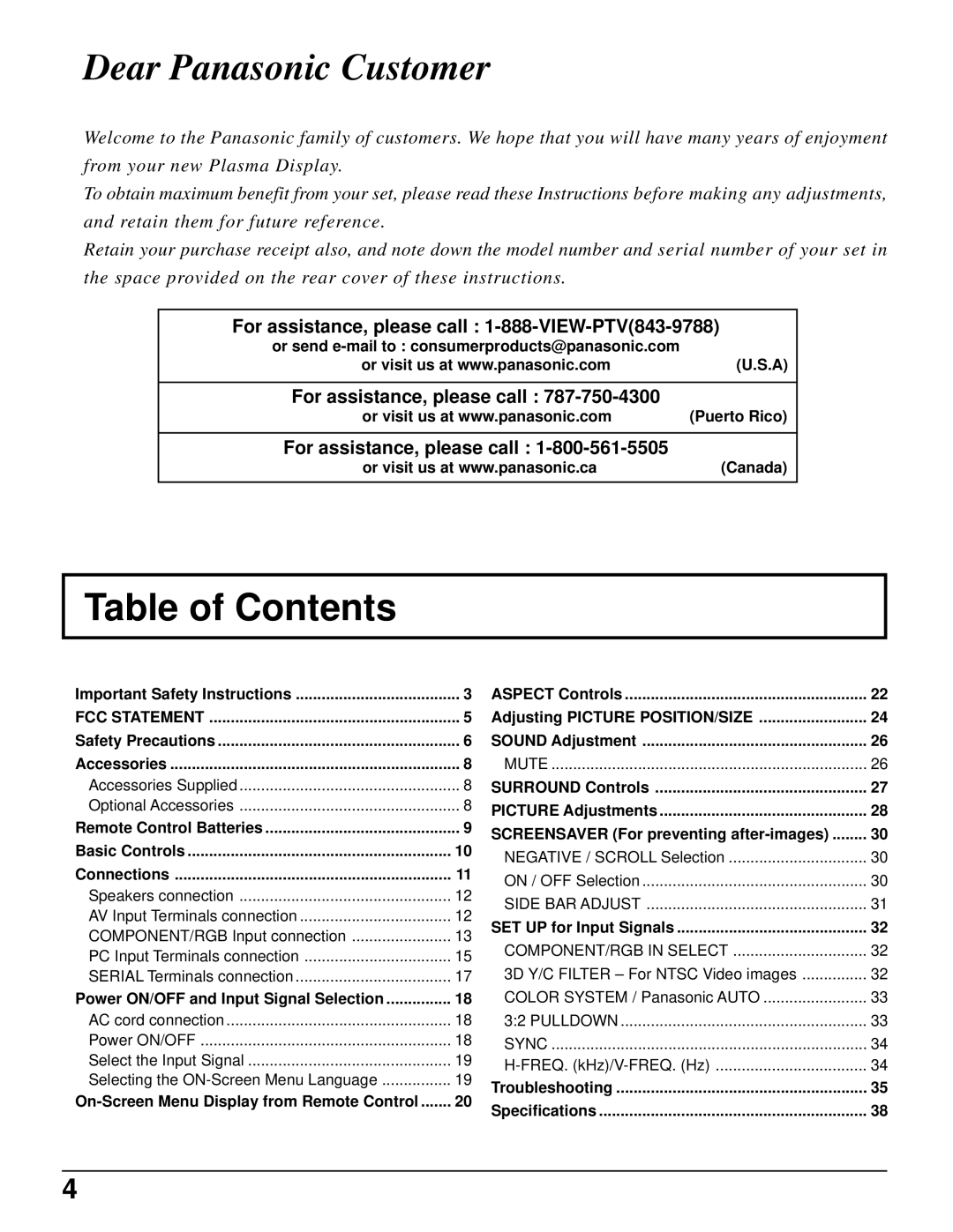 Panasonic TH-37PWD5UZ operating instructions Table of Contents 