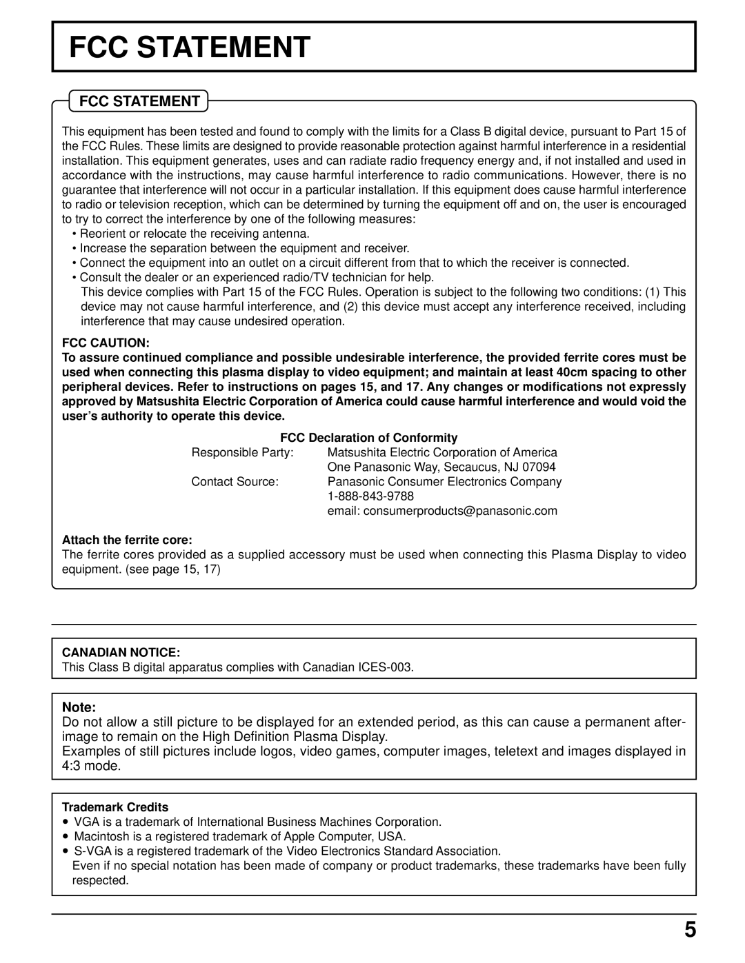 Panasonic TH-37PWD5UZ operating instructions FCC Caution, Attach the ferrite core, Canadian Notice, Trademark Credits 