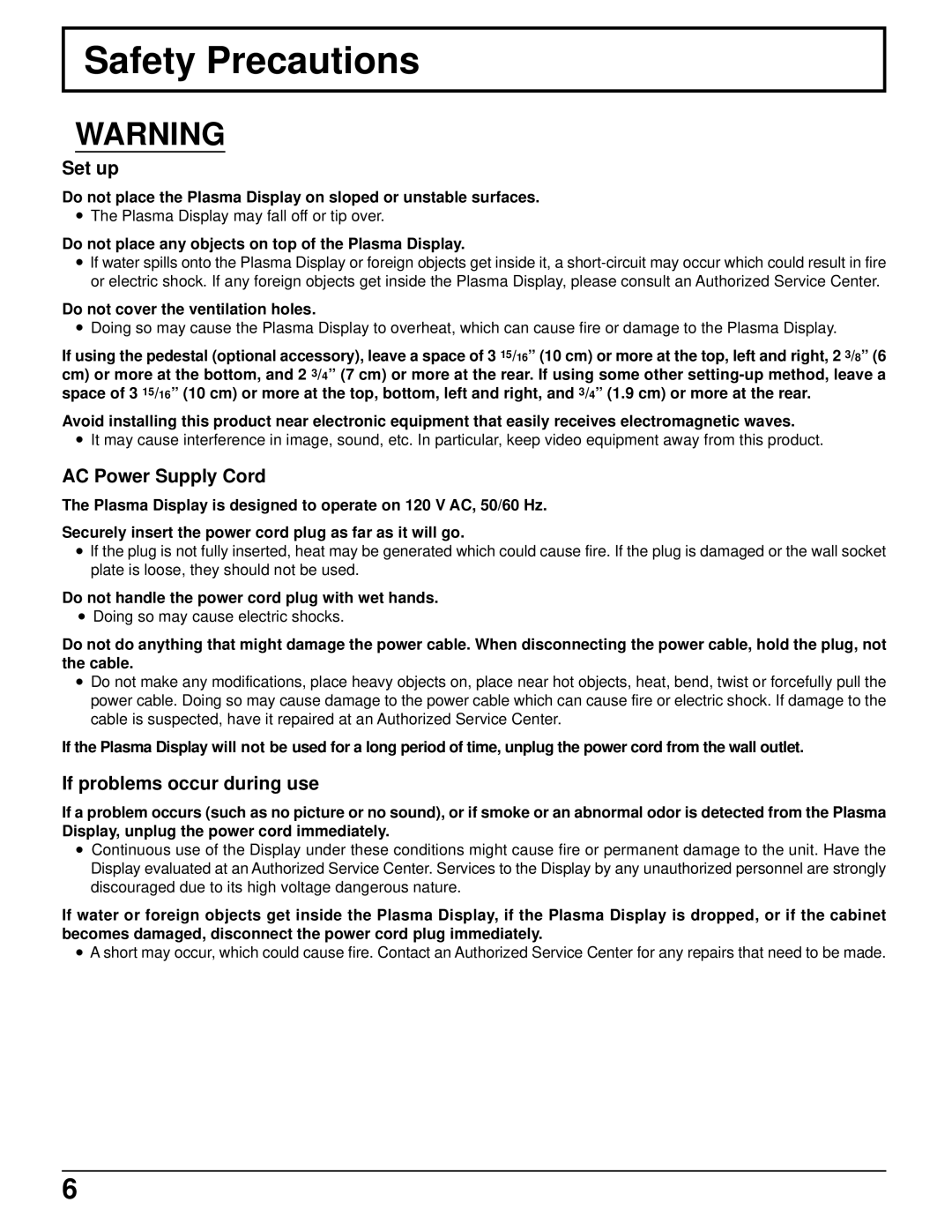 Panasonic TH-37PWD5UZ operating instructions Safety Precautions, Set up, AC Power Supply Cord, If problems occur during use 