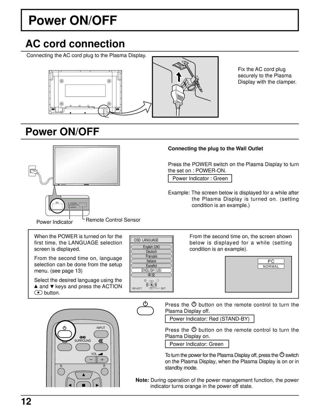 Panasonic TH-37PWD6UX, TH-42PWD6UX manual Power ON/OFF, AC cord connection, Connecting the plug to the Wall Outlet 