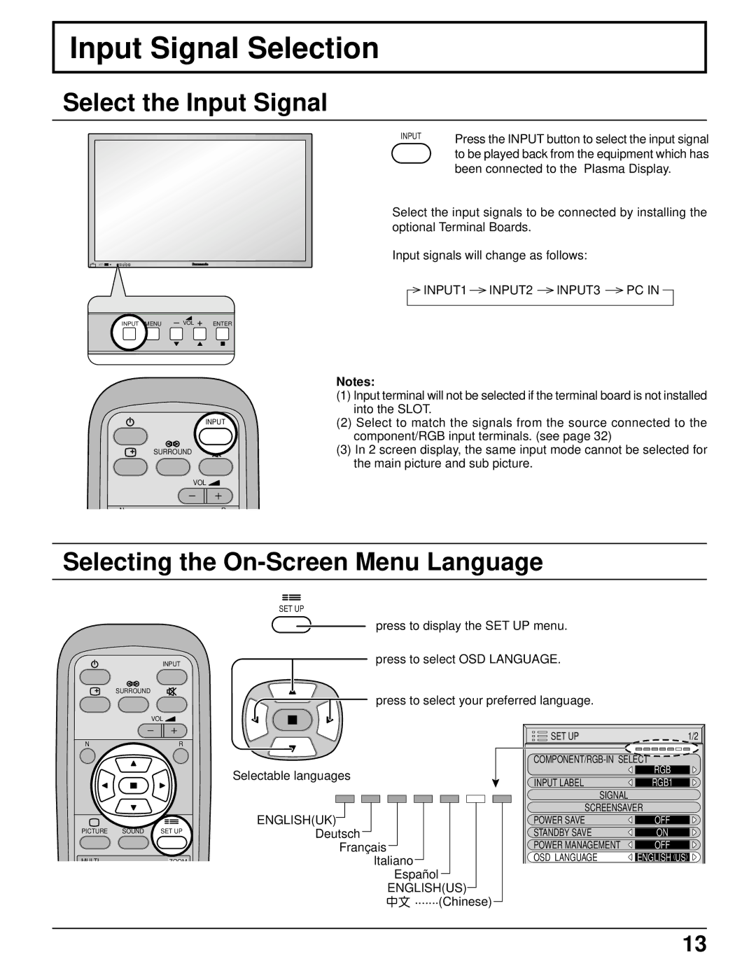 Panasonic TH-42PWD6UX, TH-37PWD6UX Input Signal Selection, Select the Input Signal, Selecting the On-Screen Menu Language 