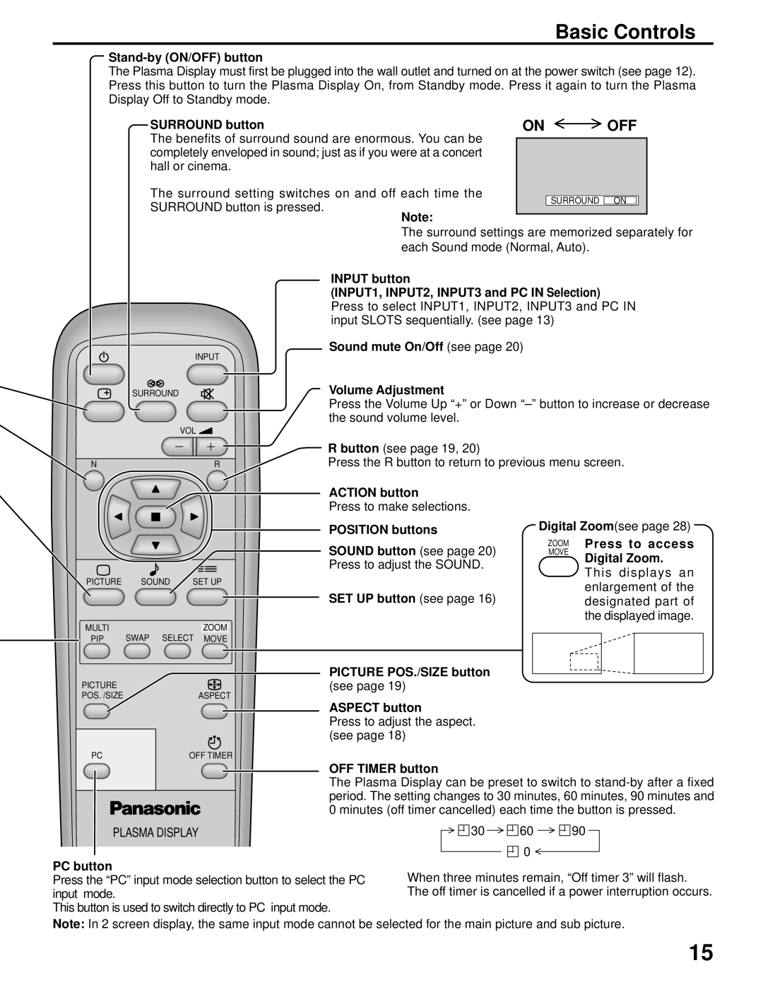 Panasonic TH-42PWD6UX, TH-37PWD6UX manual Stand-by ON/OFF button, Surround button, Sound mute On/Off see, Action button 