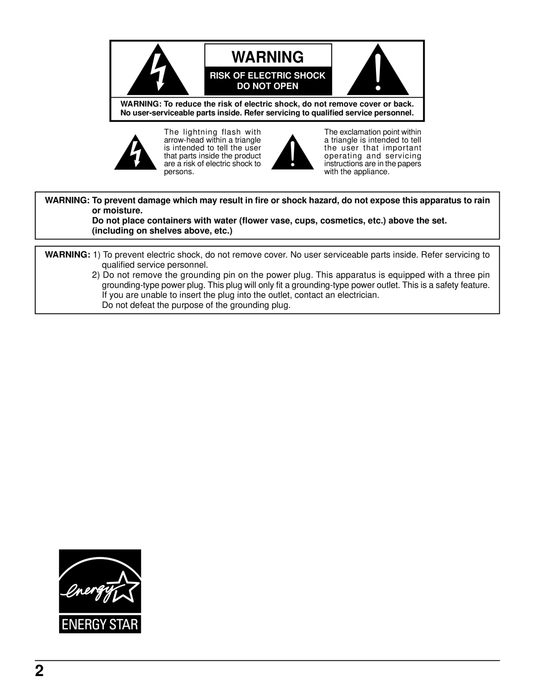 Panasonic TH-37PWD6UX, TH-42PWD6UX, TH-42PWD6UX, TH-37PWD6UX manual Risk of Electric Shock Do not Open 