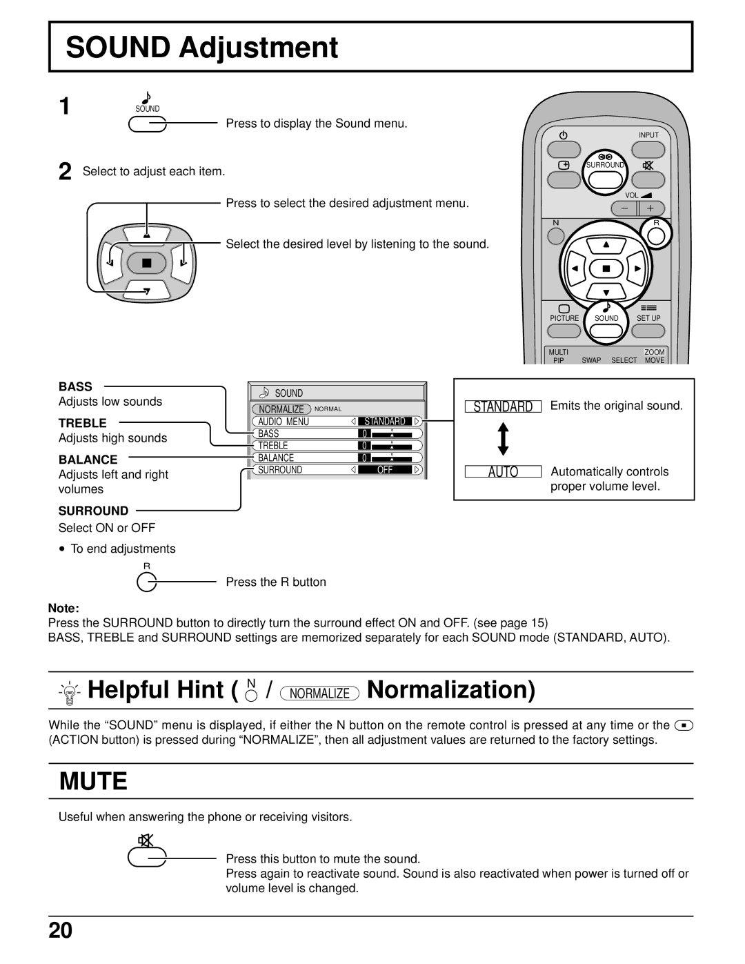 Panasonic TH-37PWD6UX, TH-42PWD6UX, TH-42PWD6UX, TH-37PWD6UX manual Sound Adjustment, Mute 