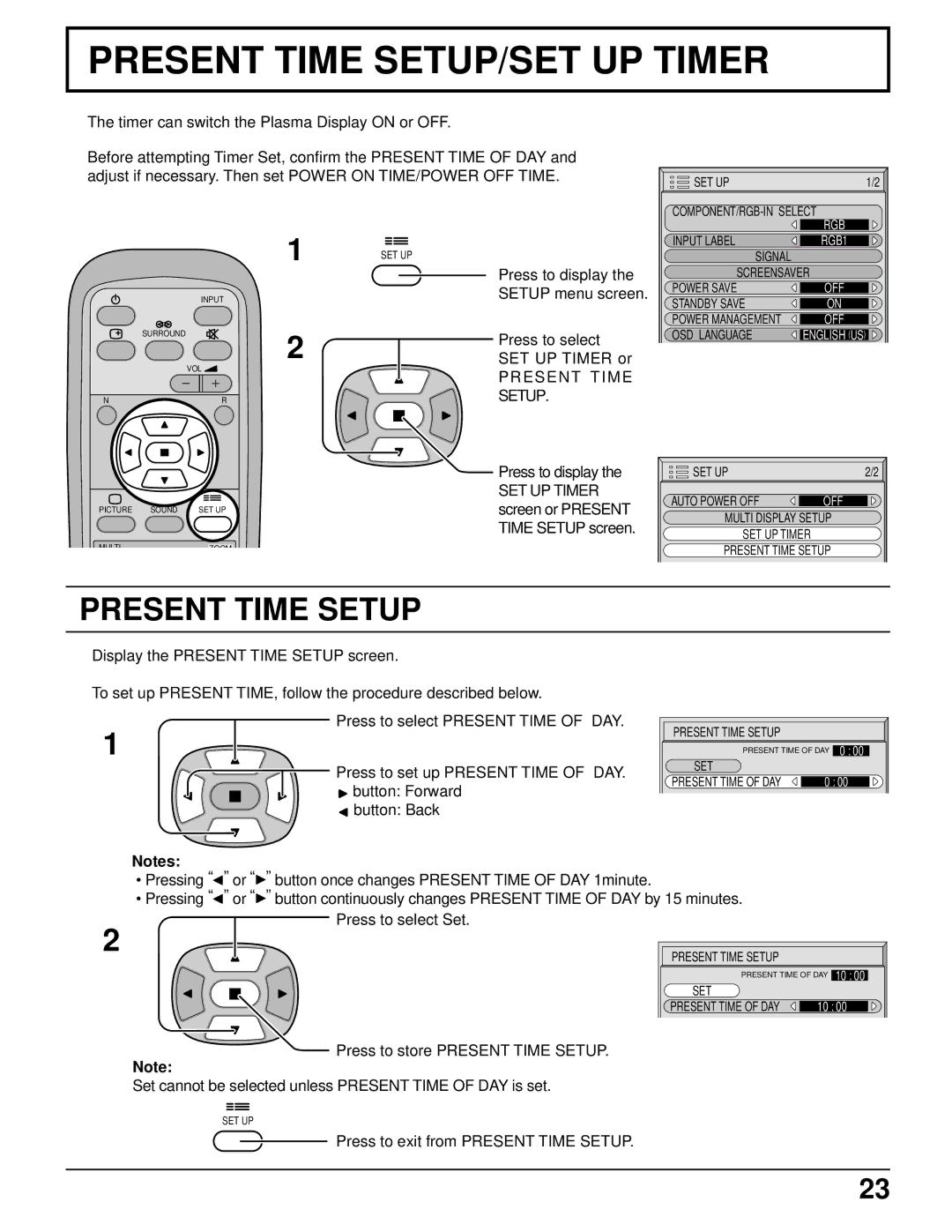 Panasonic TH-42PWD6UX, TH-37PWD6UX, TH-37PWD6UX, TH-42PWD6UX manual Present Time Setup, SET UP Timer 