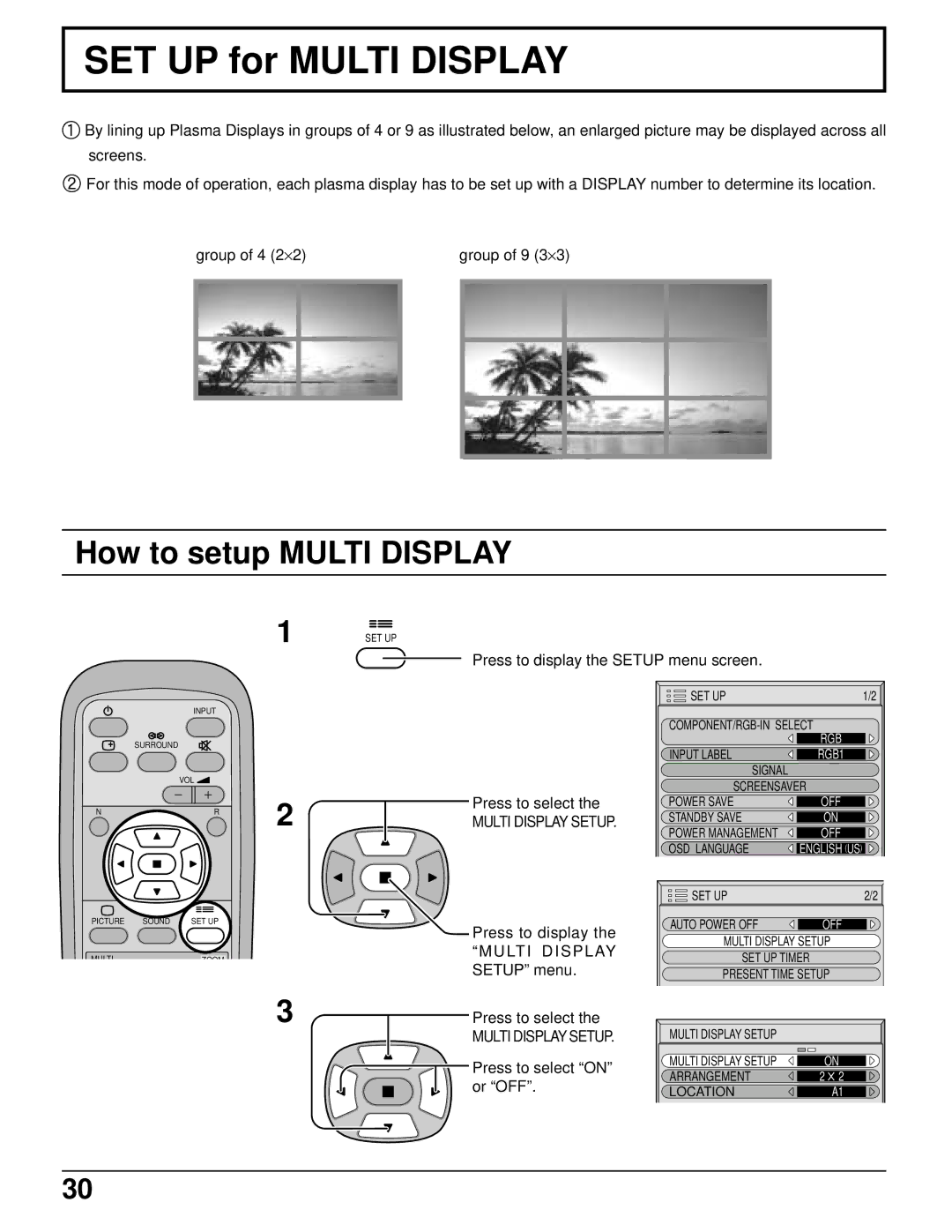 Panasonic TH-37PWD6UX, TH-42PWD6UX manual SET UP for Multi Display, How to setup Multi Display, Multi Display Setup 