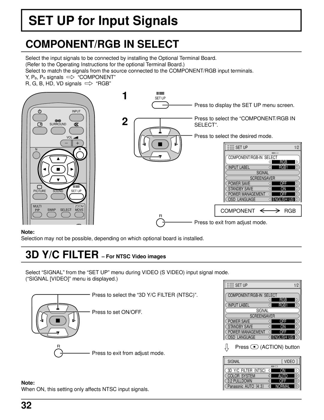 Panasonic TH-37PWD6UX, TH-42PWD6UX manual SET UP for Input Signals, COMPONENT/RGB in Select, Component RGB 