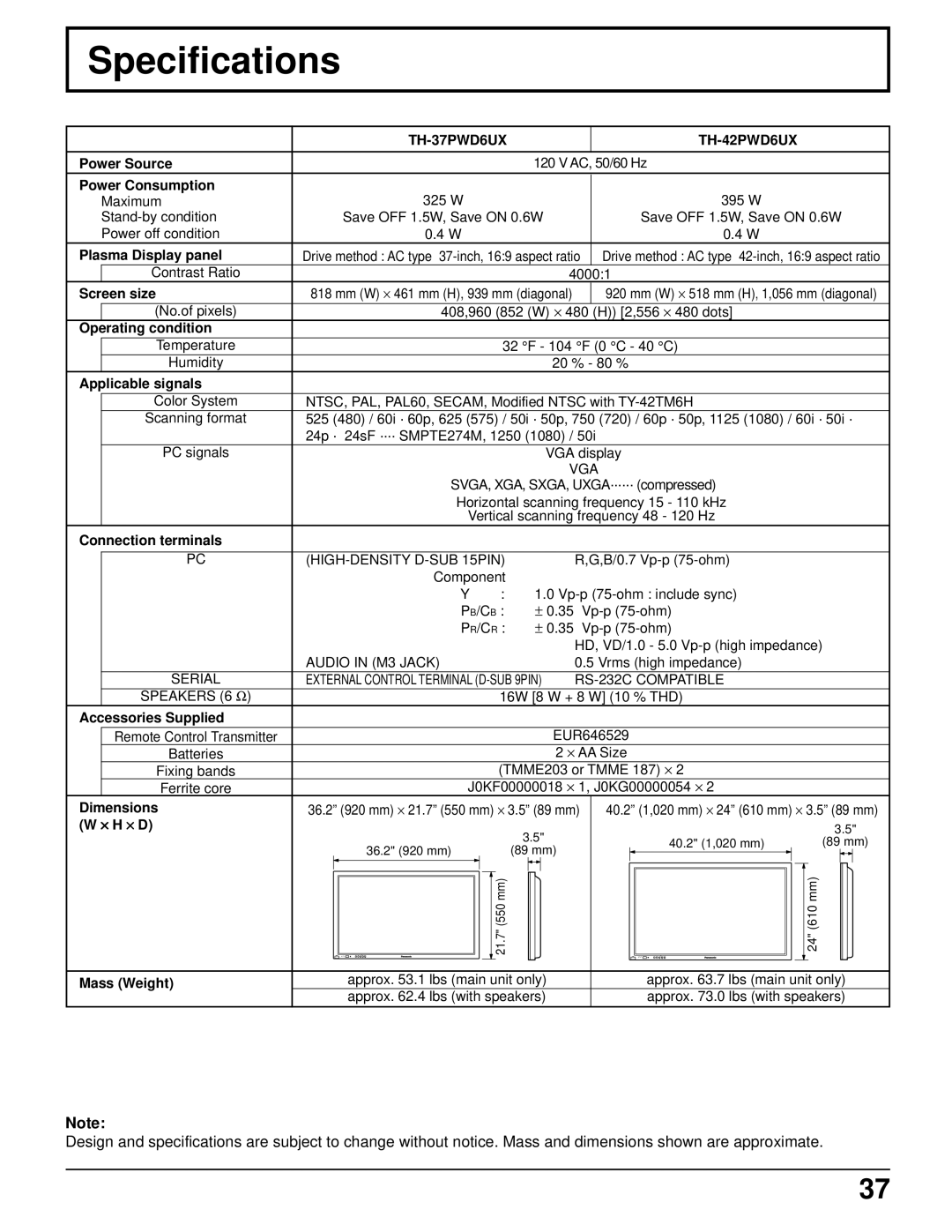 Panasonic TH-42PWD6UX, TH-37PWD6UX, TH-37PWD6UX, TH-42PWD6UX manual Specifications, TH-37PWD6UX TH-42PWD6UX 