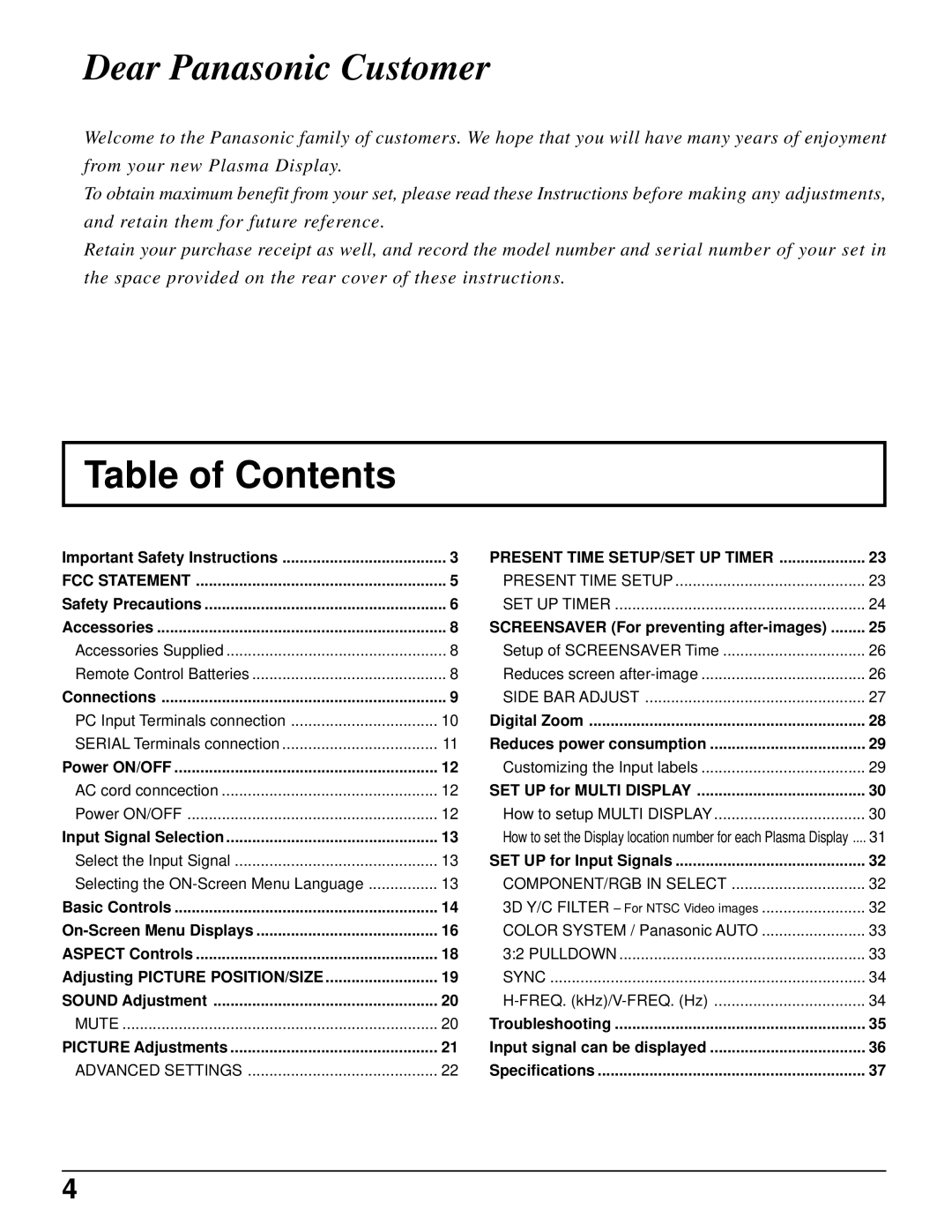 Panasonic TH-37PWD6UX, TH-42PWD6UX, TH-42PWD6UX, TH-37PWD6UX manual Table of Contents 