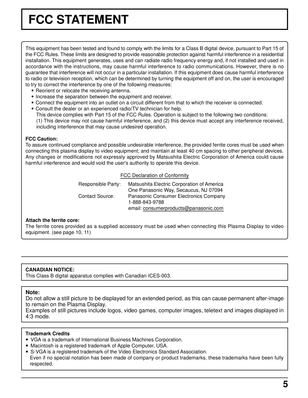 Panasonic TH-42PWD6UX, TH-37PWD6UX, TH-37PWD6UX, TH-42PWD6UX manual FCC Caution, Attach the ferrite core, Trademark Credits 