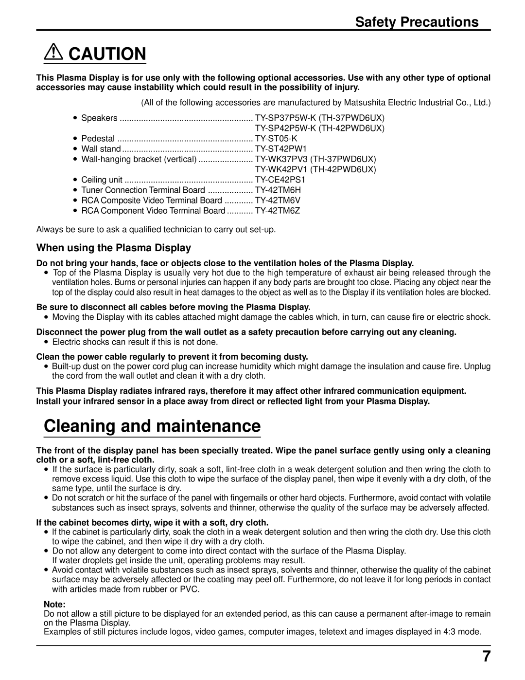 Panasonic TH-42PWD6UX, TH-37PWD6UX manual Cleaning and maintenance, When using the Plasma Display, TY-ST42PW1, TY-CE42PS1 