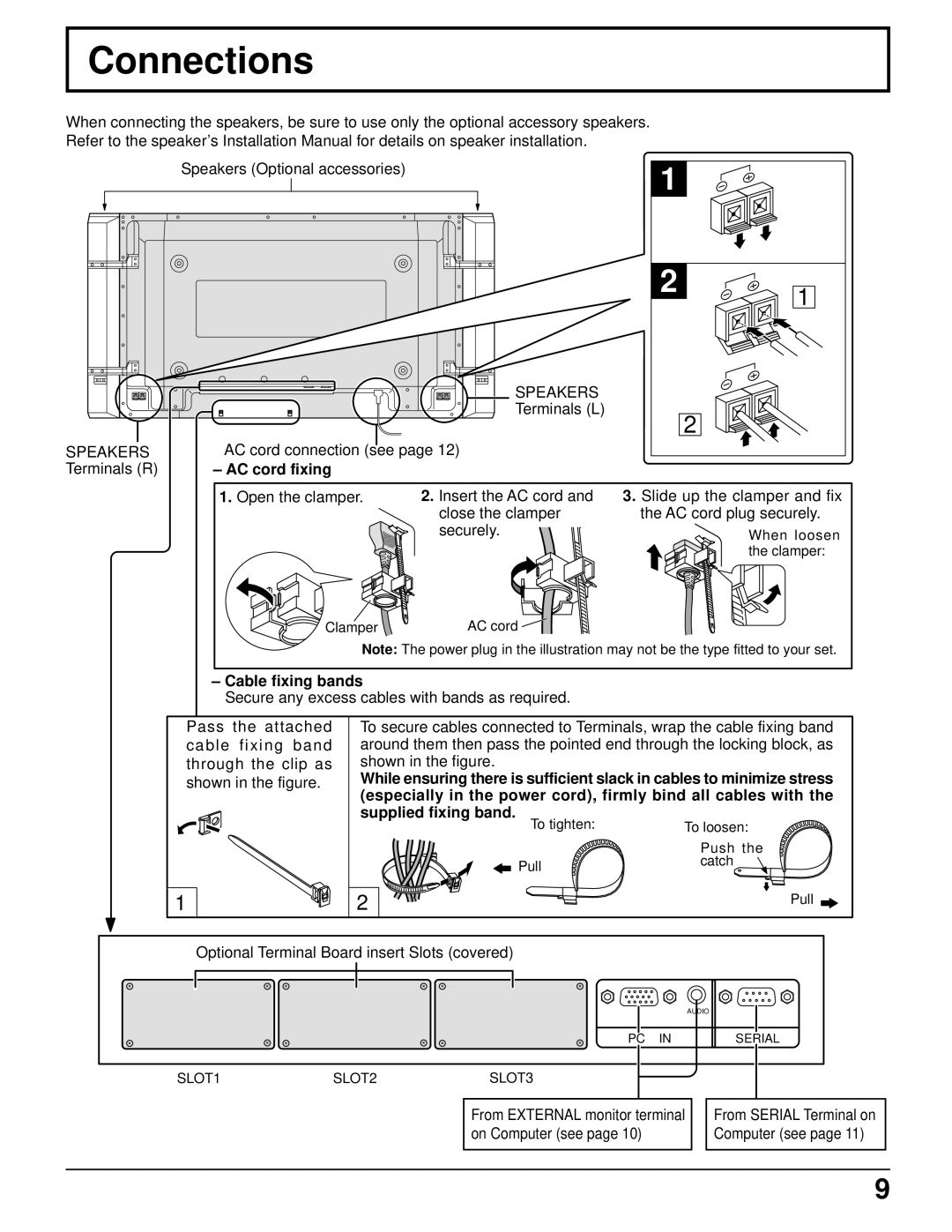 Panasonic TH-42PWD6UX, TH-37PWD6UX, TH-37PWD6UX, TH-42PWD6UX Connections, Speakers, AC cord fixing, Cable fixing bands 