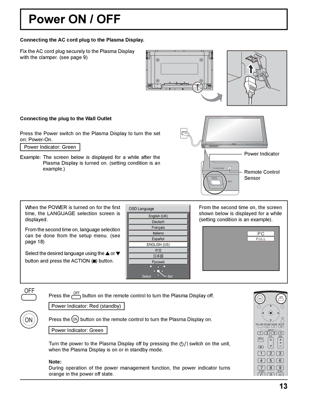 Panasonic TH-42PWD8UK, TH-37PWD8UK, TH-50PHD8UK manual Power on / OFF, Connecting the AC cord plug to the Plasma Display 