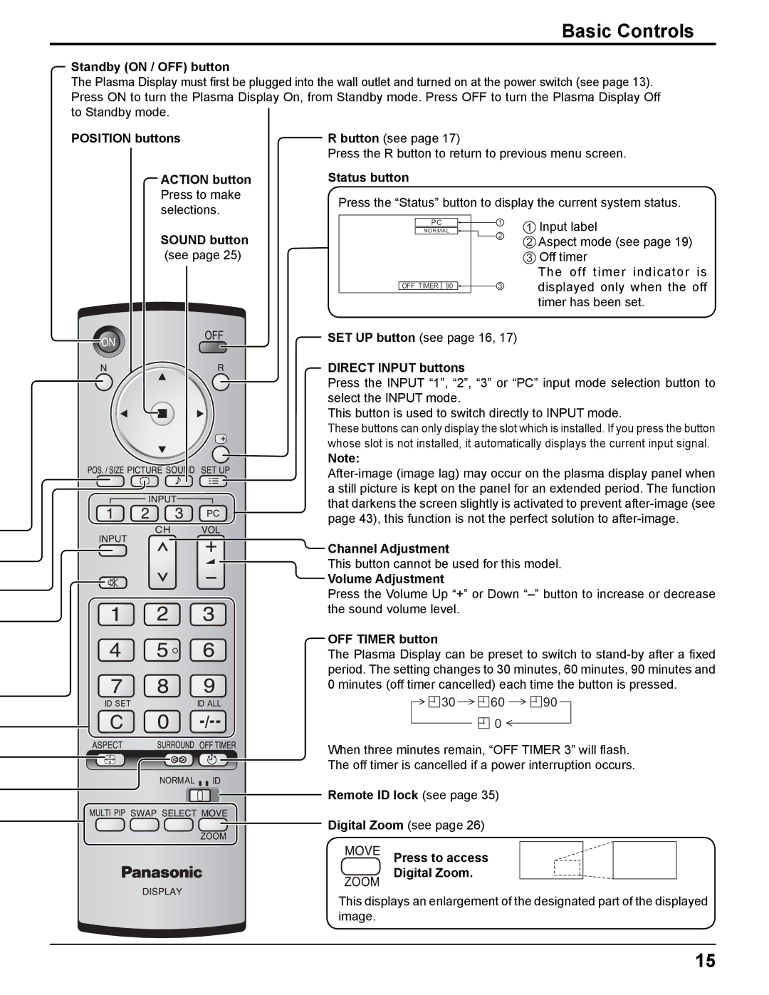 Panasonic TH-37PWD8UK, TH-50PHD8UK, TH-37PHD8UK, TH-42PWD8UK, TH-42PHD8UK manual Basic Controls 