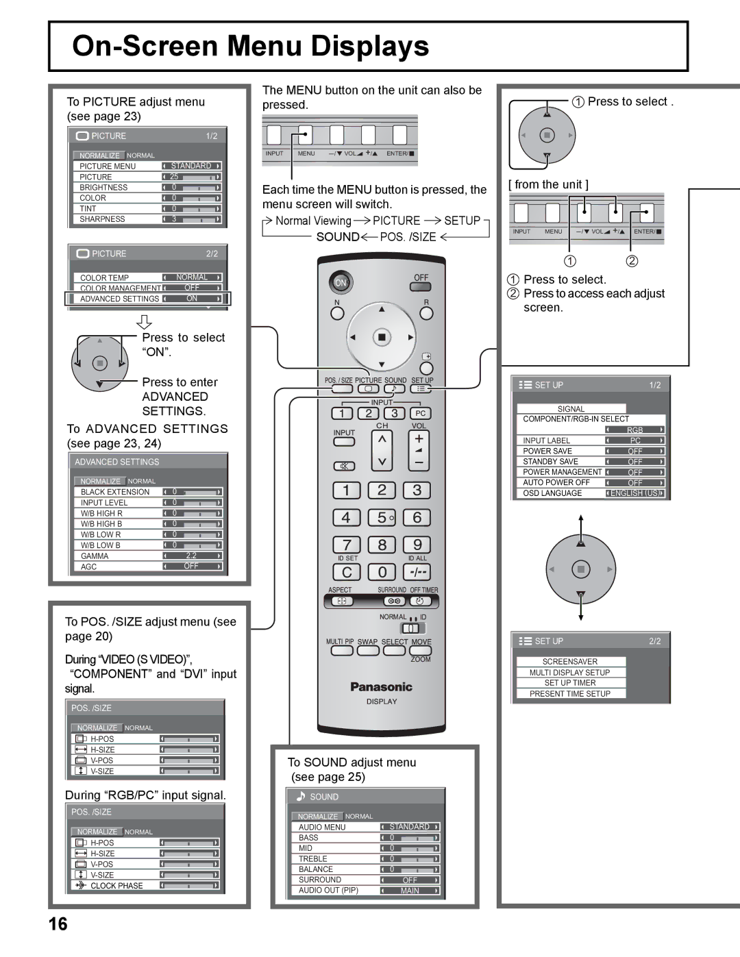 Panasonic TH-50PHD8UK, TH-37PWD8UK, TH-37PHD8UK, TH-42PWD8UK, TH-42PHD8UK manual On-Screen Menu Displays 