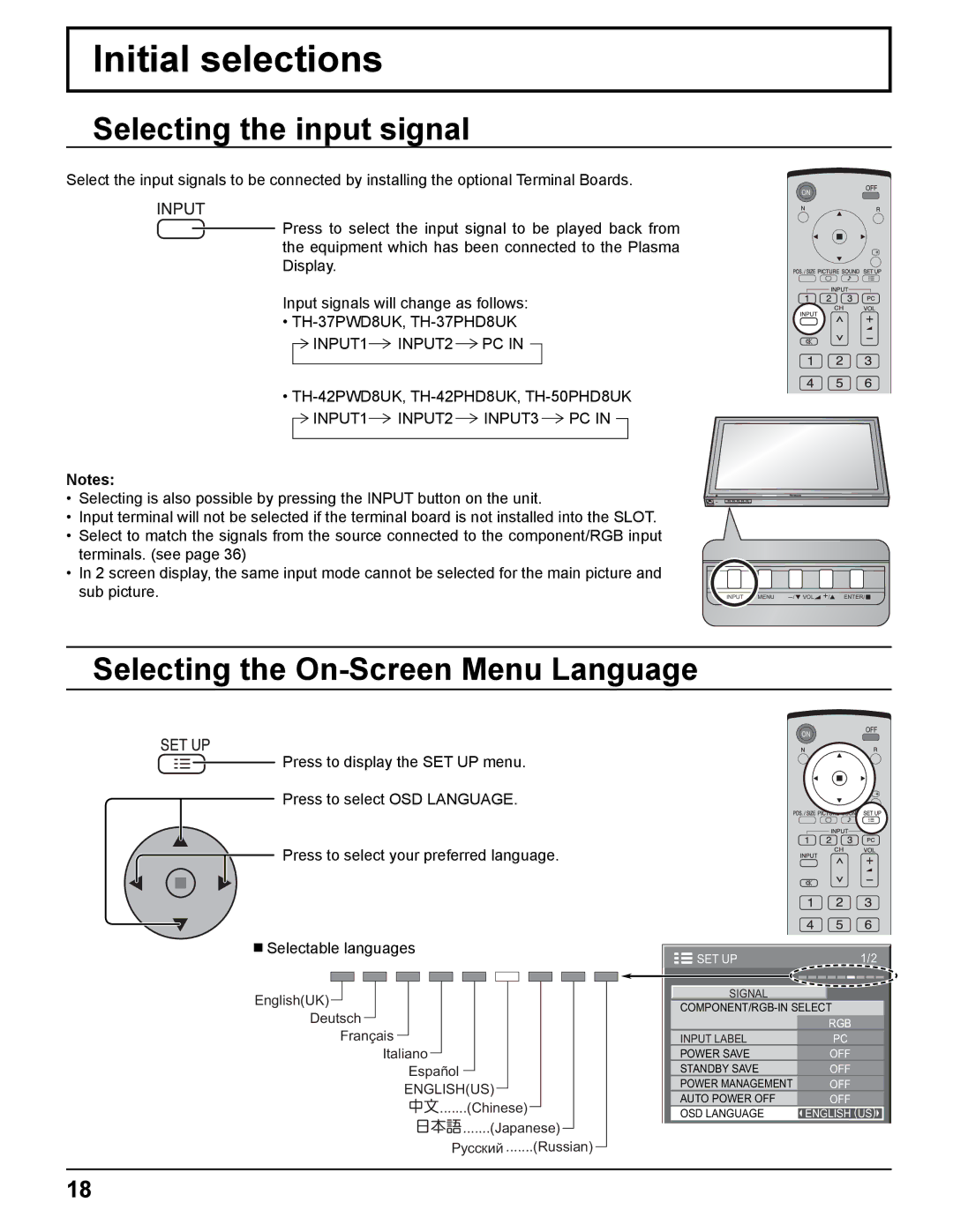 Panasonic TH-42PWD8UK, TH-37PWD8UK Initial selections, Selecting the input signal, Selecting the On-Screen Menu Language 