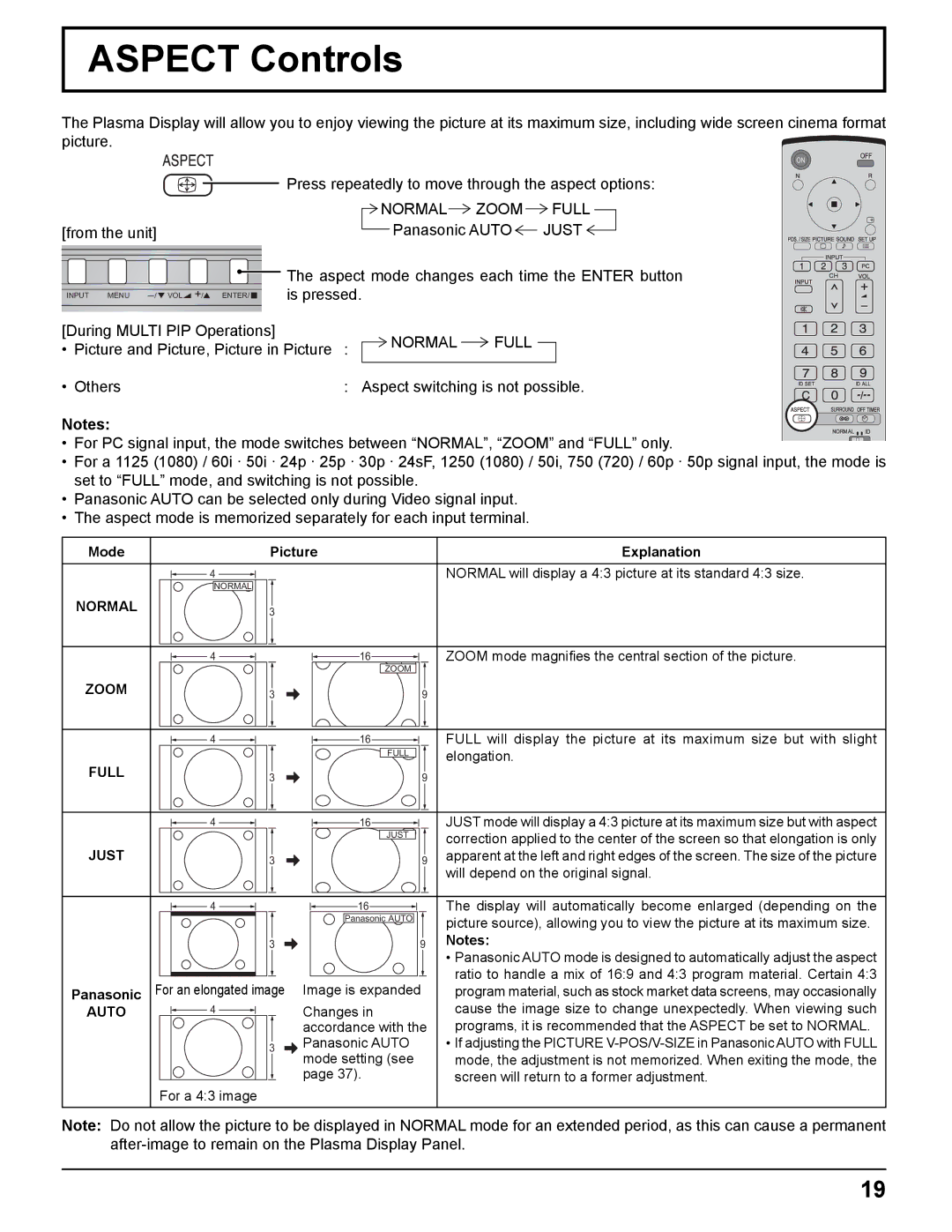 Panasonic TH-42PHD8UK, TH-37PWD8UK, TH-50PHD8UK, TH-37PHD8UK, TH-42PWD8UK manual Aspect Controls, Normal Zoom Full, Normal Full 