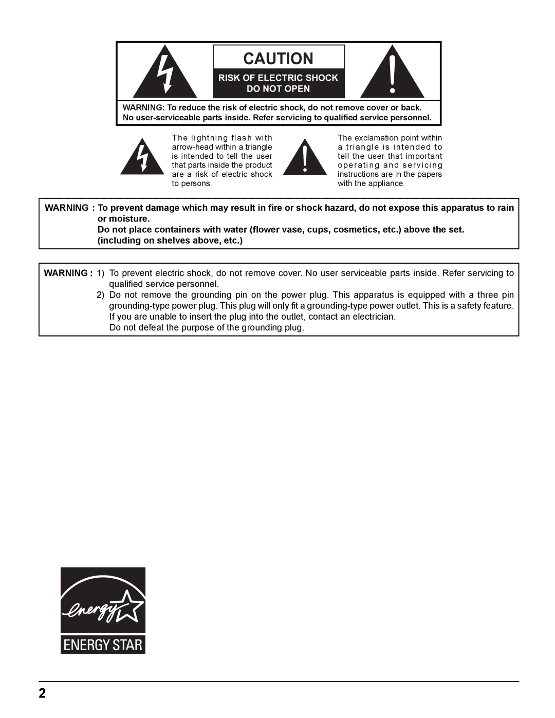 Panasonic TH-37PHD8UK, TH-37PWD8UK, TH-50PHD8UK, TH-42PWD8UK, TH-42PHD8UK manual Risk of Electric Shock Do not Open 