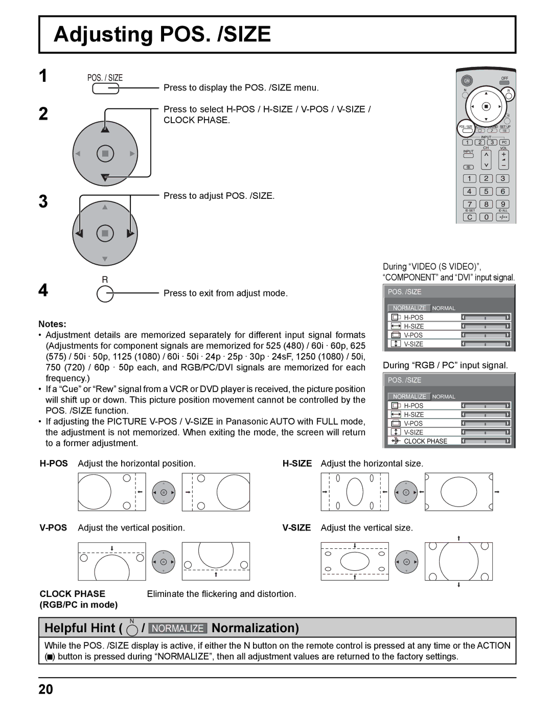 Panasonic TH-37PWD8UK manual Adjusting POS. /SIZE, Clock Phase, Eliminate the ﬂickering and distortion, RGB/PC in mode 