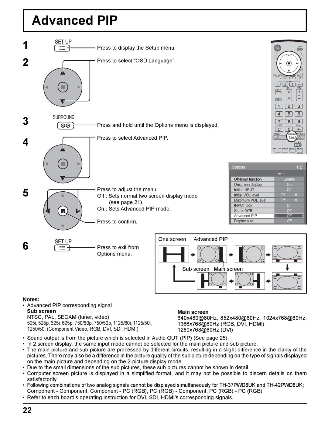 Panasonic TH-37PHD8UK, TH-37PWD8UK, TH-50PHD8UK, TH-42PWD8UK, TH-42PHD8UK manual Advanced PIP, Sub screen, Main screen 