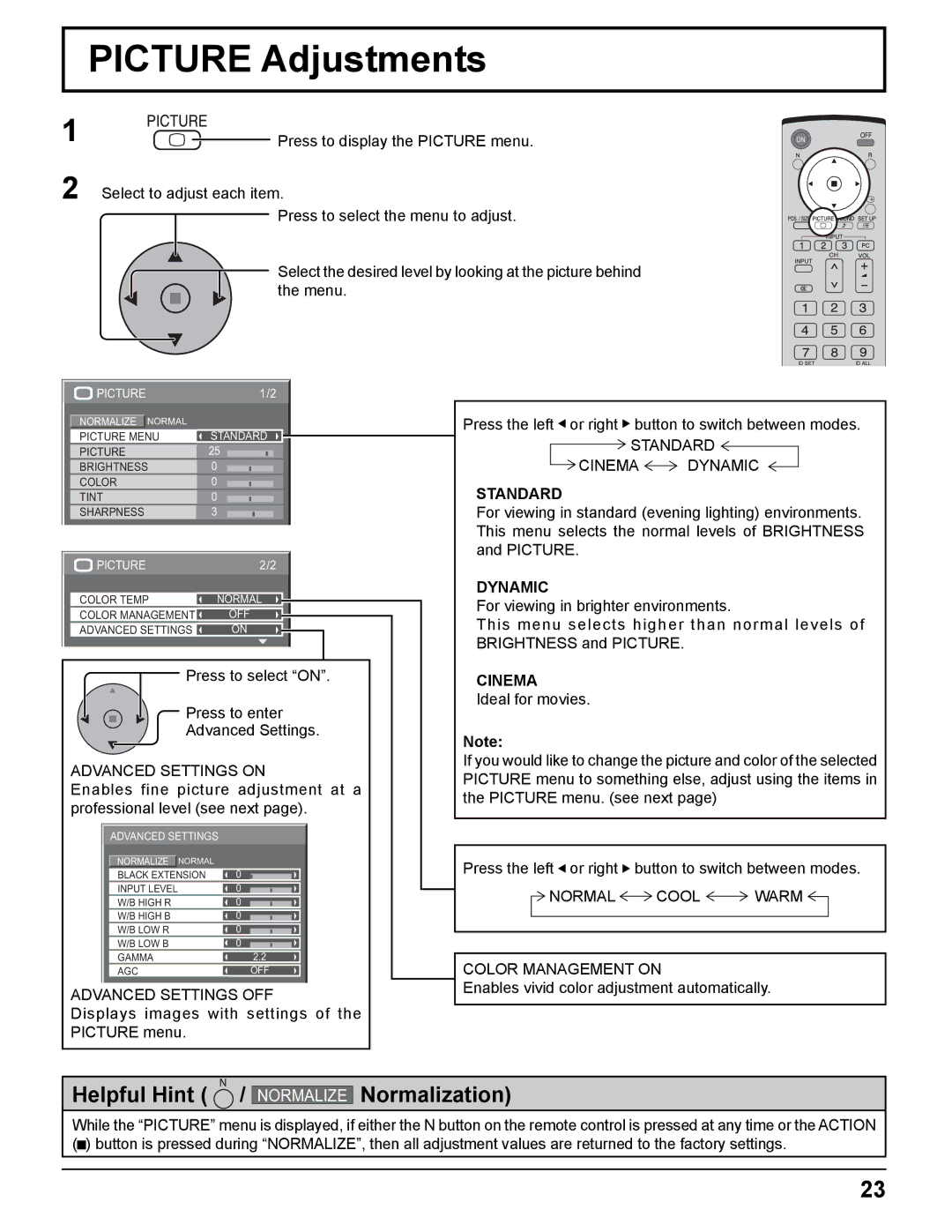 Panasonic TH-42PWD8UK, TH-37PWD8UK, TH-50PHD8UK, TH-37PHD8UK, TH-42PHD8UK manual Picture Adjustments, Standard, Dynamic, Cinema 