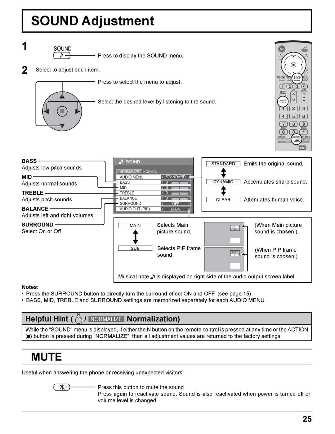 Panasonic TH-37PWD8UK, TH-50PHD8UK, TH-37PHD8UK, TH-42PWD8UK, TH-42PHD8UK manual Sound Adjustment, Mute 