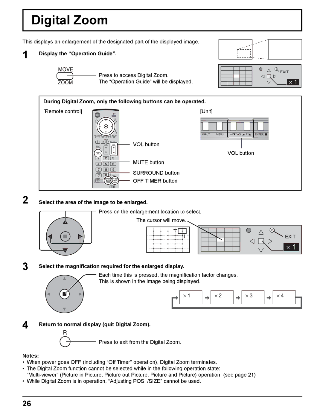 Panasonic TH-50PHD8UK, TH-37PWD8UK, TH-37PHD8UK, TH-42PWD8UK Digital Zoom, Display the Operation Guide, Remote control Unit 