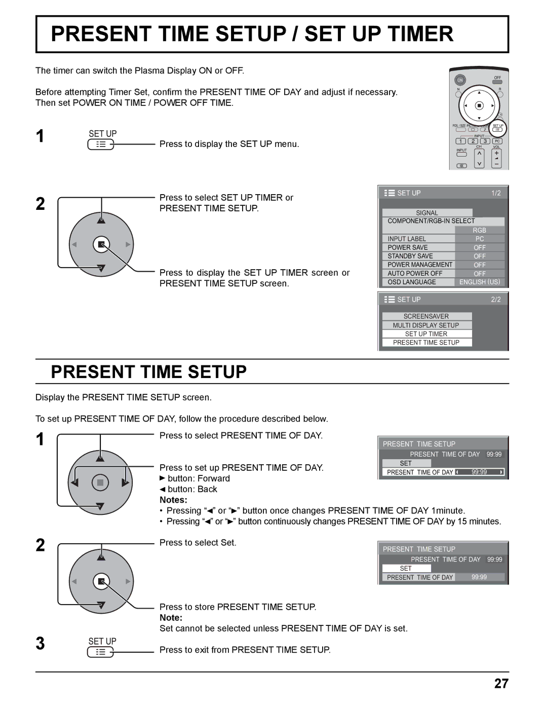 Panasonic TH-37PHD8UK, TH-37PWD8UK, TH-50PHD8UK, TH-42PWD8UK manual Present Time Setup, Press to set up Present Time of DAY 