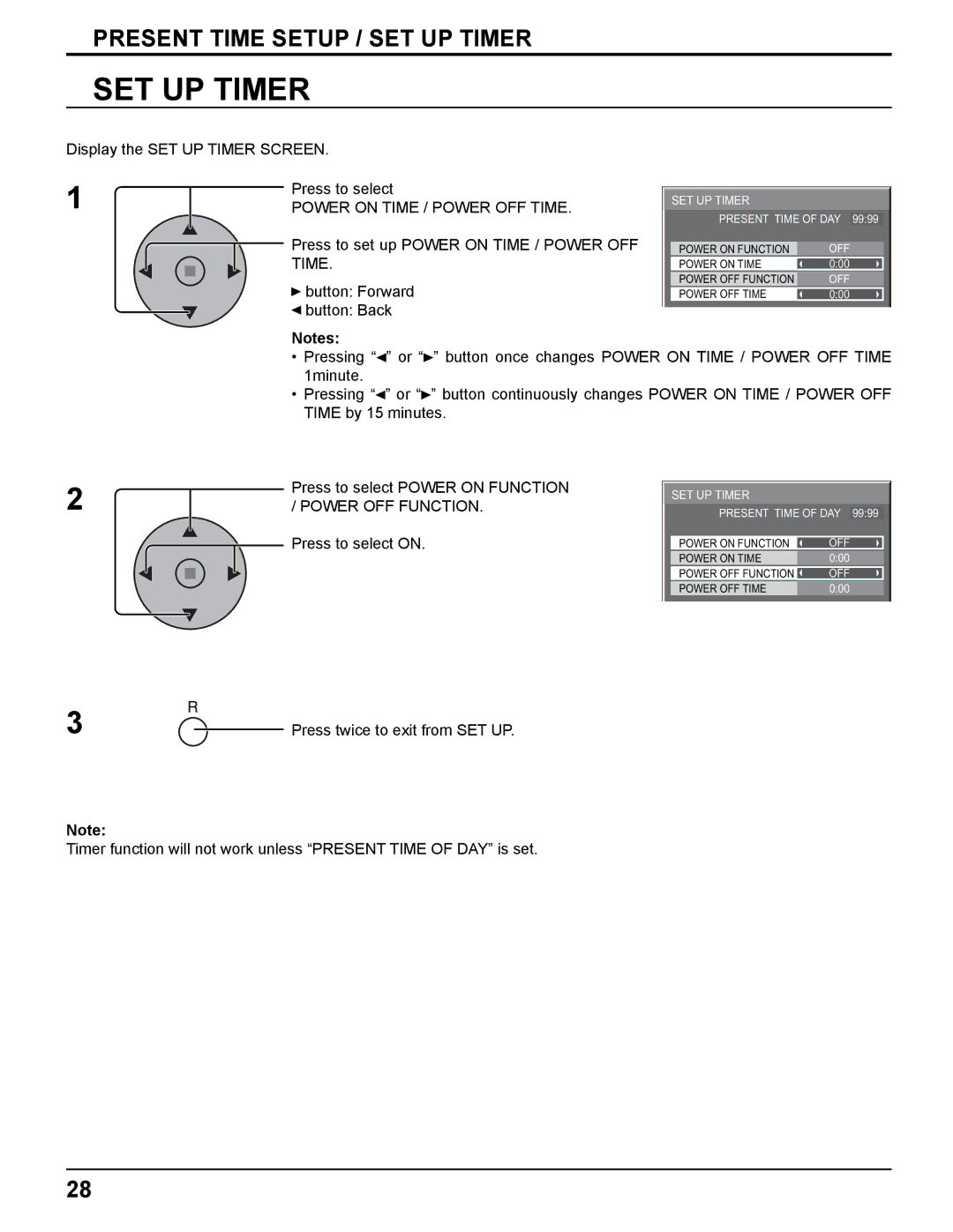 Panasonic TH-42PWD8UK, TH-37PWD8UK Display the SET UP Timer Screen Press to select, Power on Time / Power OFF Time 