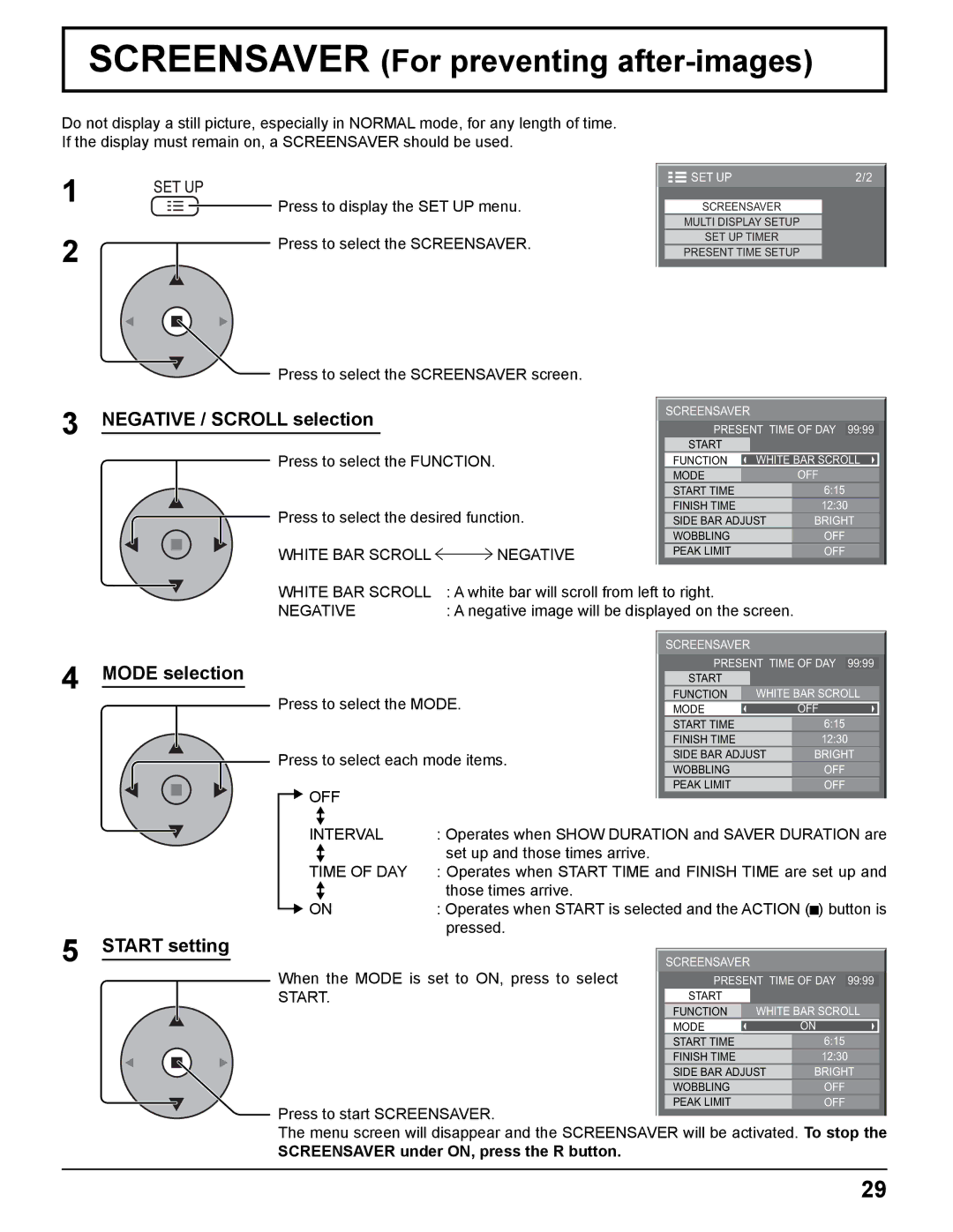 Panasonic TH-42PHD8UK Screensaver For preventing after-images, Negative / Scroll selection, Mode selection, Start setting 