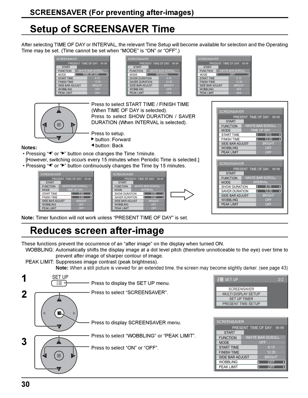 Panasonic TH-37PWD8UK manual Setup of Screensaver Time, Reduces screen after-image, Screensaver For preventing after-images 