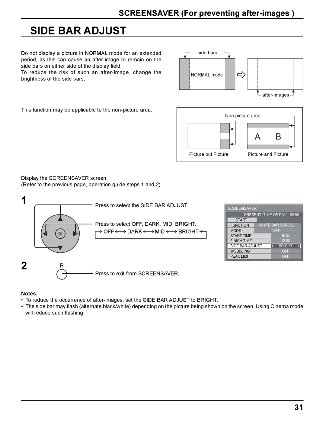 Panasonic TH-50PHD8UK, TH-37PWD8UK, TH-37PHD8UK manual Side BAR Adjust, OFF Dark MID Bright, Press to exit from Screensaver 