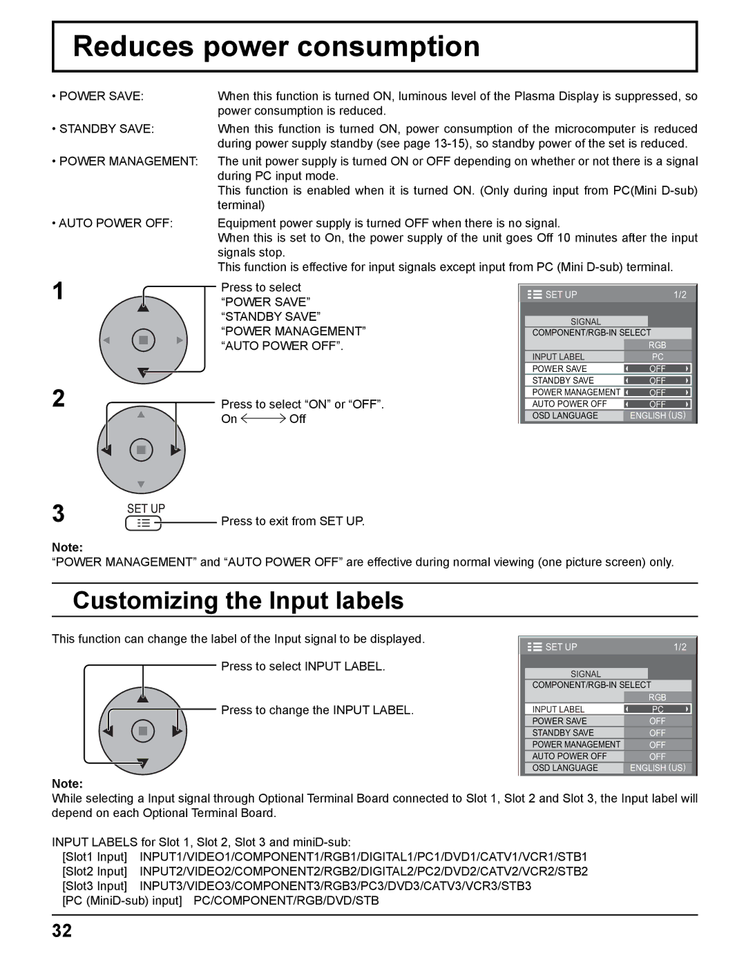 Panasonic TH-37PHD8UK manual Reduces power consumption, Customizing the Input labels, Press to select on or OFF On Off 