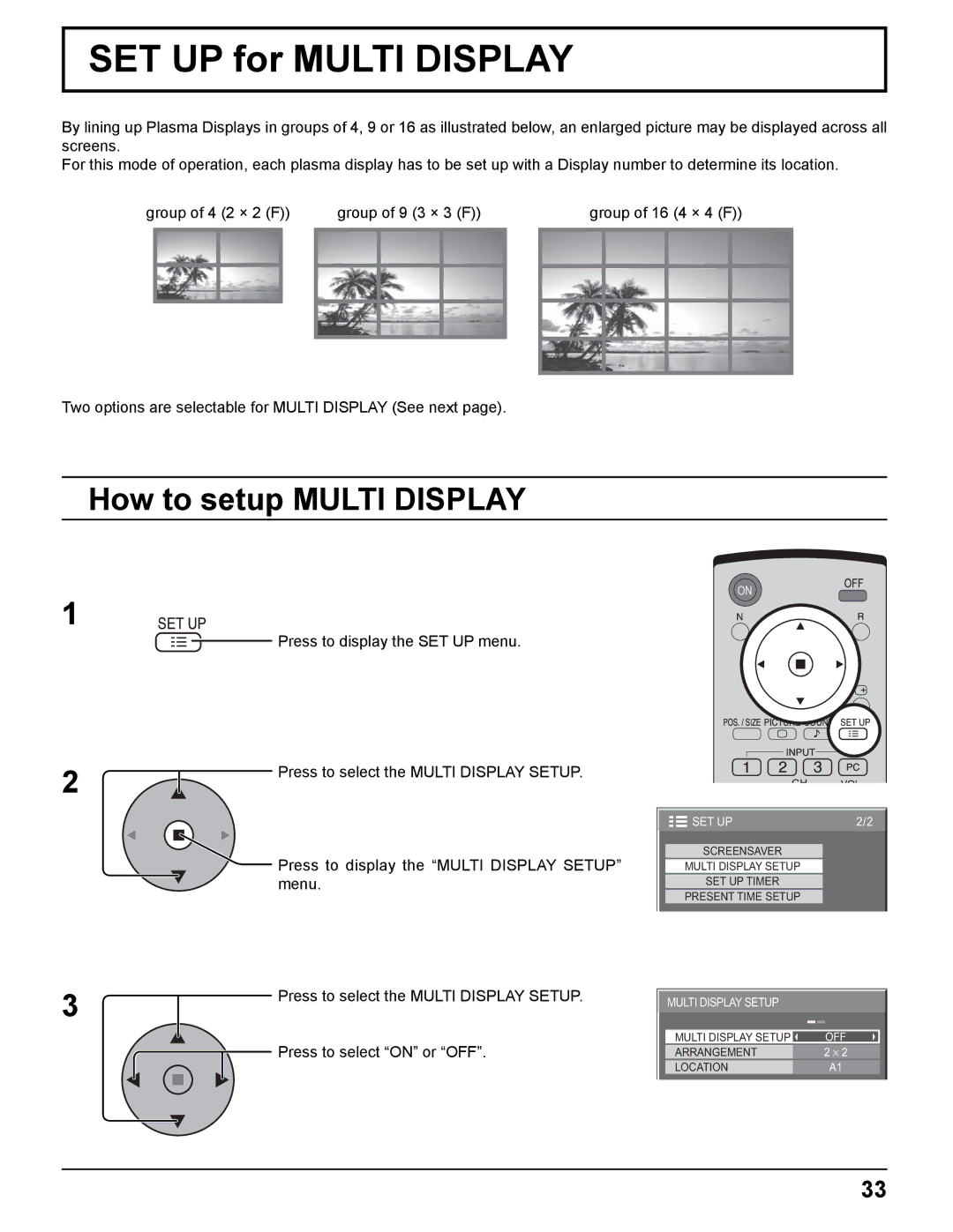 Panasonic TH-42PWD8UK, TH-37PWD8UK, TH-50PHD8UK, TH-37PHD8UK manual SET UP for Multi Display, How to setup Multi Display 