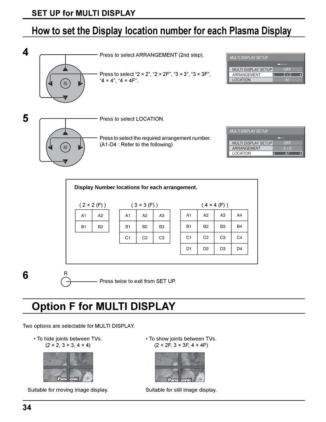 Panasonic TH-42PHD8UK Option F for Multi Display, SET UP for Multi Display, Display Number locations for each arrangement 