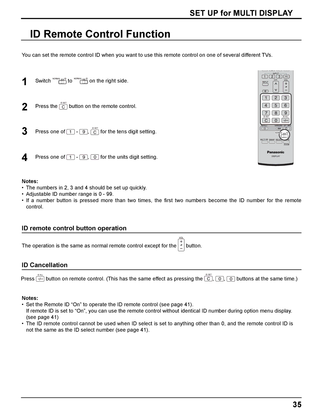 Panasonic TH-37PWD8UK, TH-50PHD8UK manual ID Remote Control Function, ID remote control button operation, ID Cancellation 