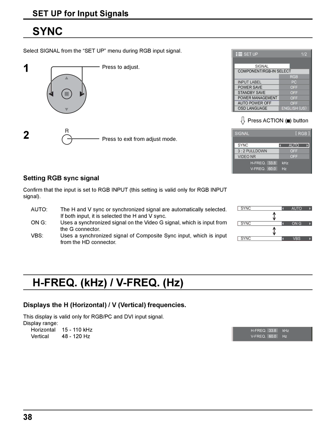 Panasonic TH-42PWD8UK, TH-37PWD8UK, TH-50PHD8UK, TH-37PHD8UK manual Sync, FREQ. kHz / V-FREQ. Hz, Setting RGB sync signal 