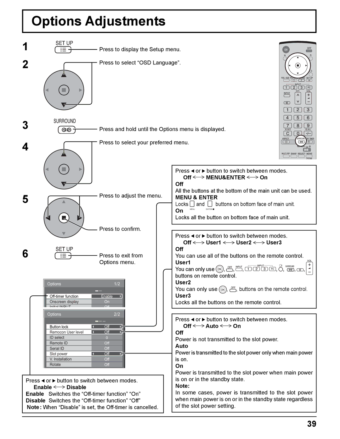 Panasonic TH-42PHD8UK, TH-37PWD8UK, TH-50PHD8UK, TH-37PHD8UK, TH-42PWD8UK manual Options Adjustments, Menu&Enter, Menu & Enter 