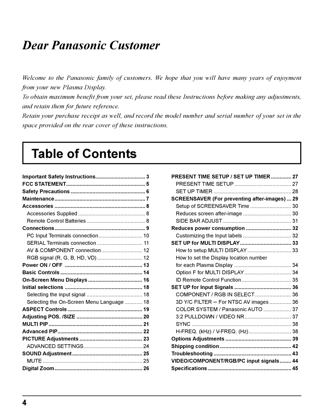 Panasonic TH-42PHD8UK, TH-37PWD8UK, TH-50PHD8UK, TH-37PHD8UK, TH-42PWD8UK manual Table of Contents 