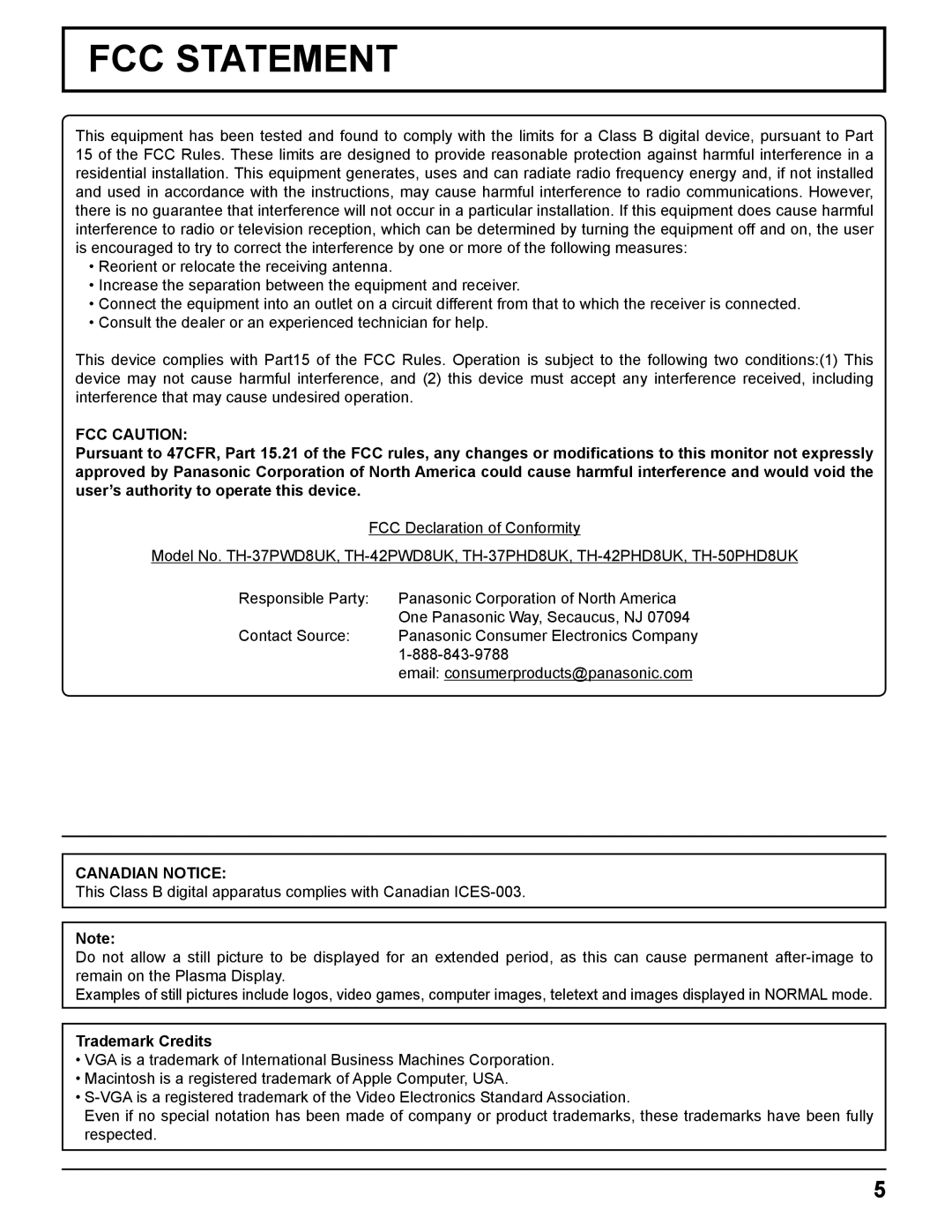 Panasonic TH-37PWD8UK, TH-50PHD8UK, TH-37PHD8UK, TH-42PWD8UK, TH-42PHD8UK FCC Caution, Canadian Notice, Trademark Credits 